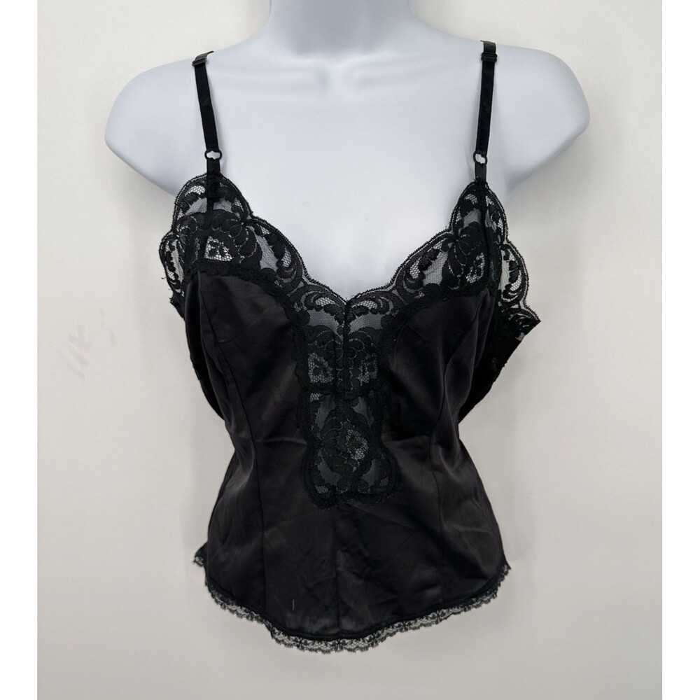 LACE Vintage Camisole Slip TOP NYLON Black Xs Fairy Romantic Babydoll
